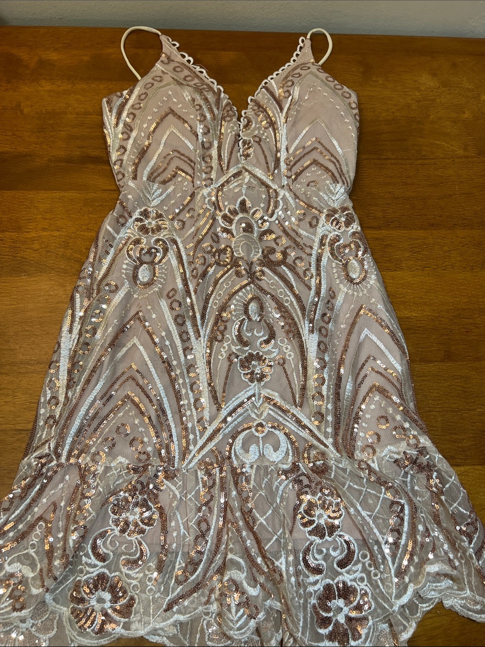 MORNING MIST Embroidered Rose Gold Sequin Slip Dress Size 6
